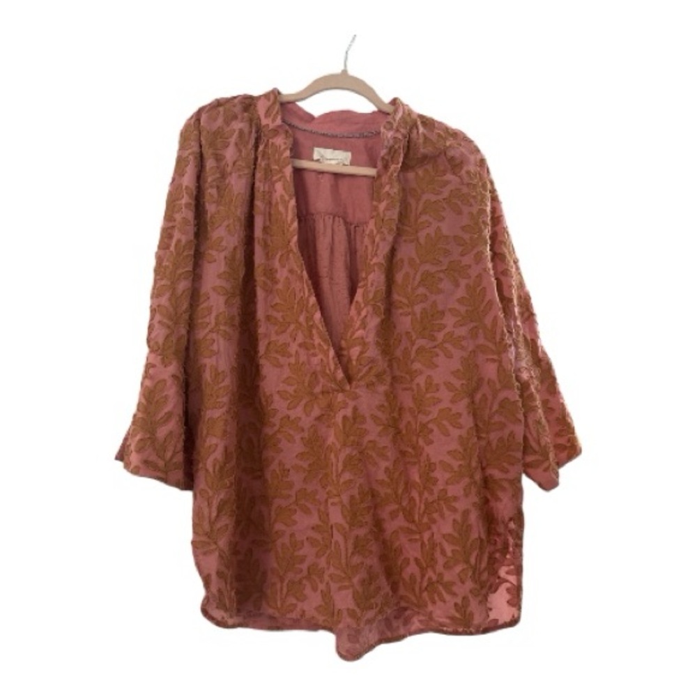 Anthropologie Blush Rose Textured Floral V-Neck Blouse